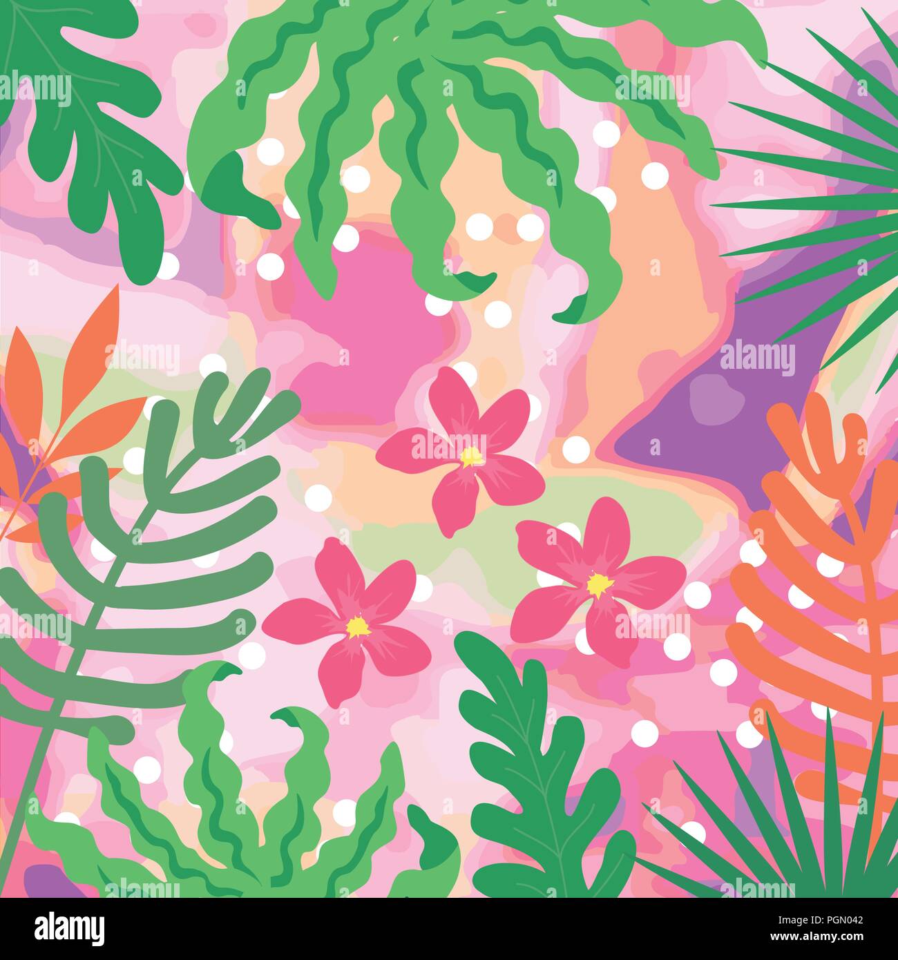 Tropical jungle leaves background. Tropical flowers poster design. Exotic leaves, plants, branches and flowers art print Stock Vector