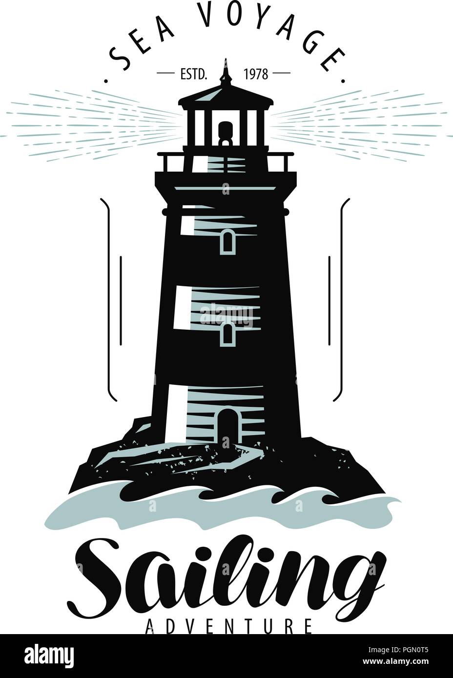Lighthouse, sailing label or logo. Sea travel emblem. Lettering vector Stock Vector