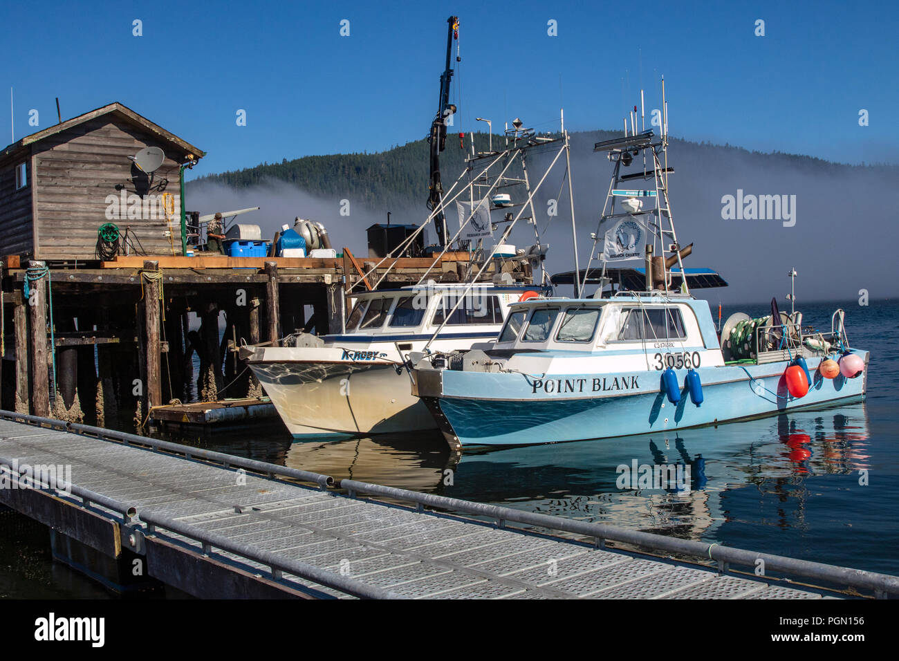 Fishing Boats at community dock/wharf in Port Renfrew, Vancouver Island, British Columbia, Canada Stock Photo