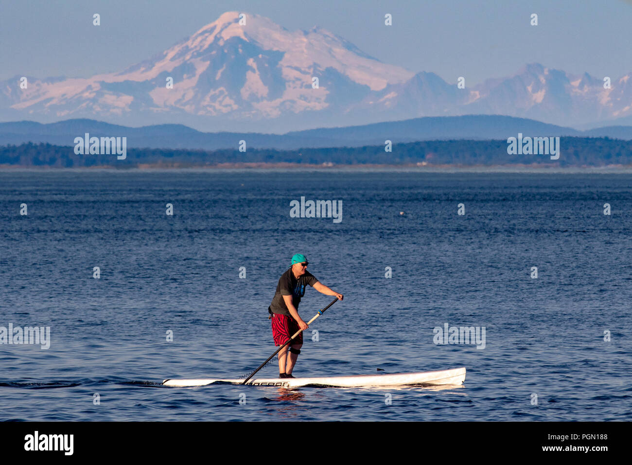 Stand-up Paddleboarder off Cattle Point in Uplands Park, Oak Bay near Victoria, Vancouver Island, British Columbia, Canada Stock Photo
