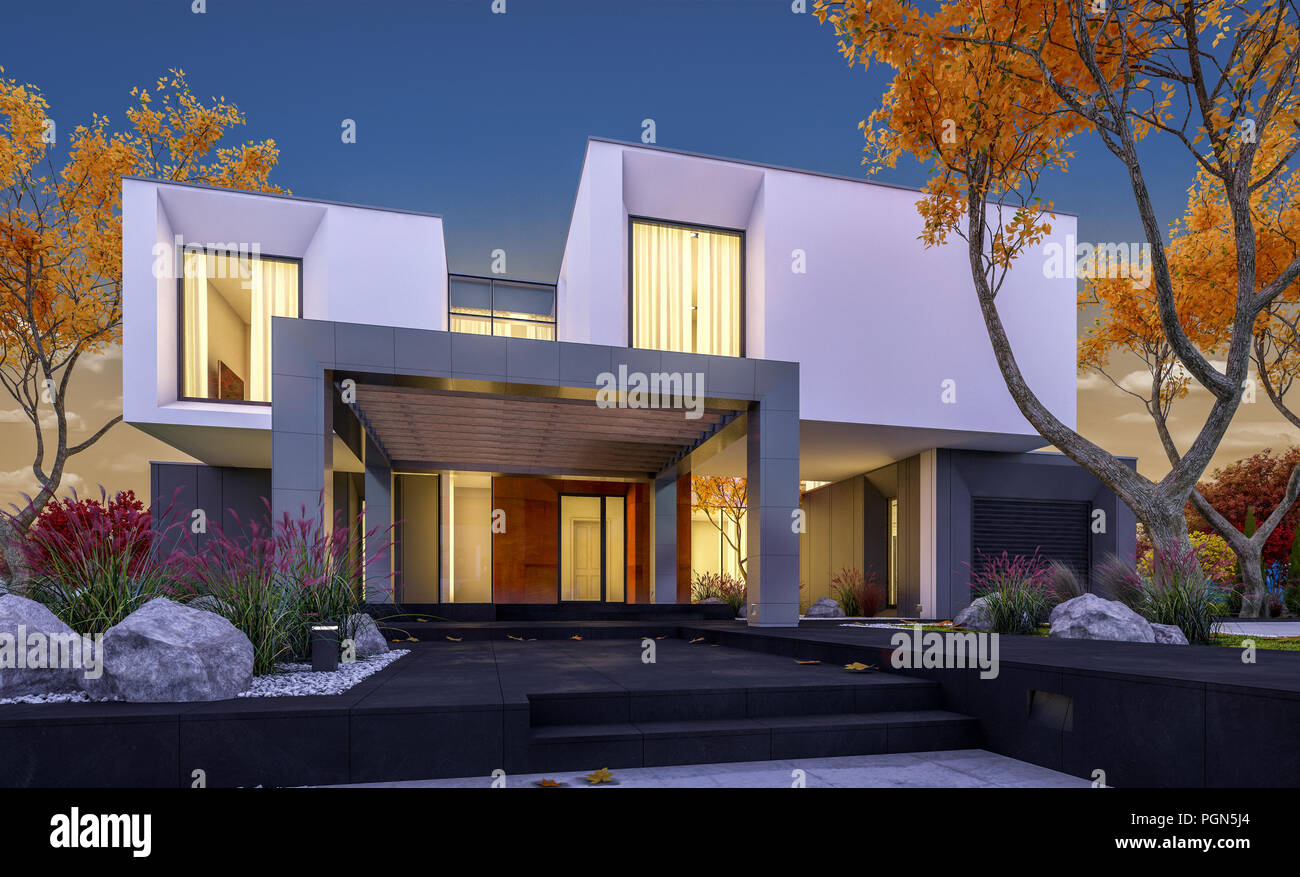 3d Rendering Of Modern Cozy House In The Garden With Garage For