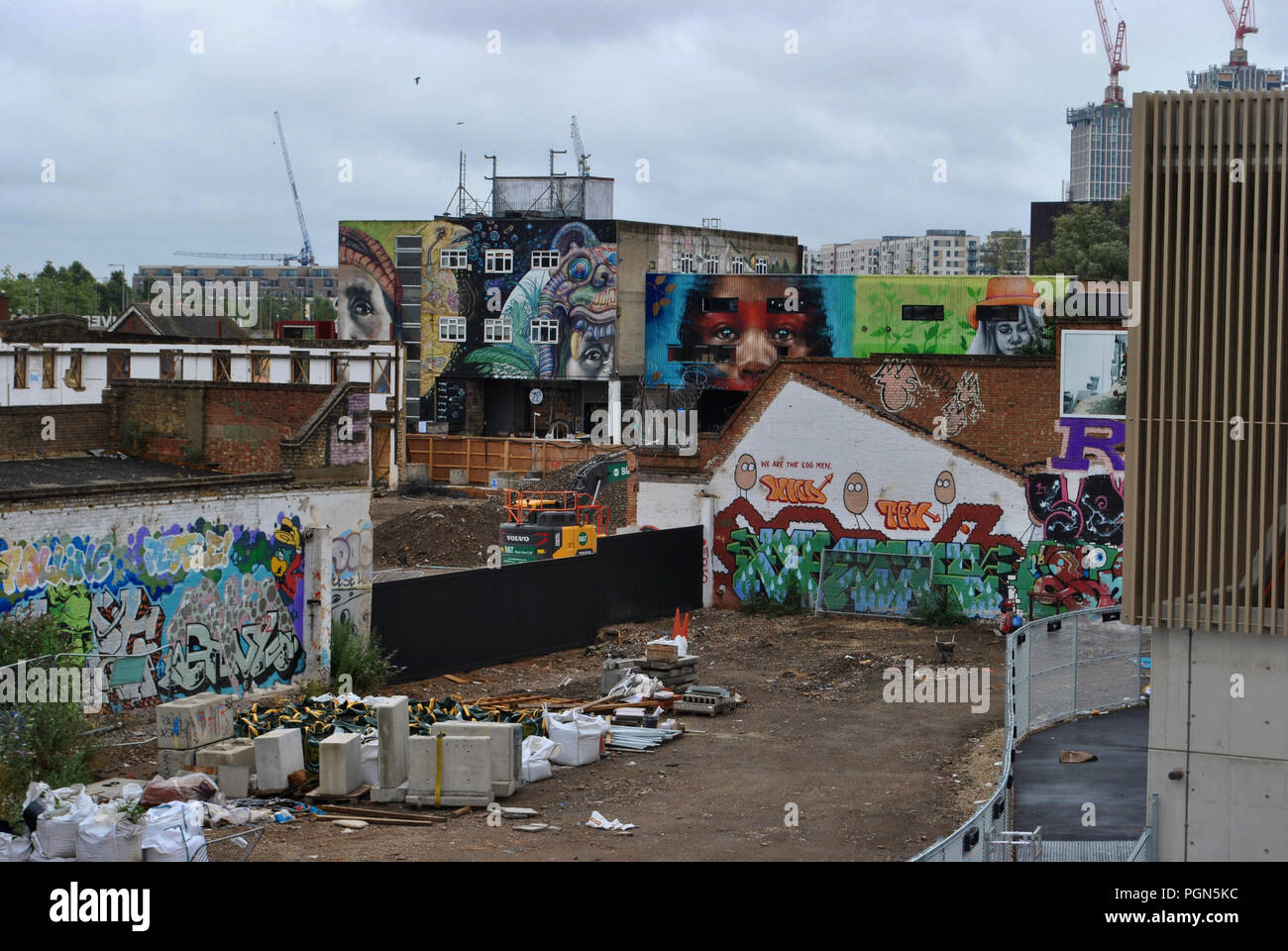 VIEW FROM HACKNEY WICK STATION, EAST LONDON, OF LARGE SCALE STREET ART & GRAFFITI Stock Photo