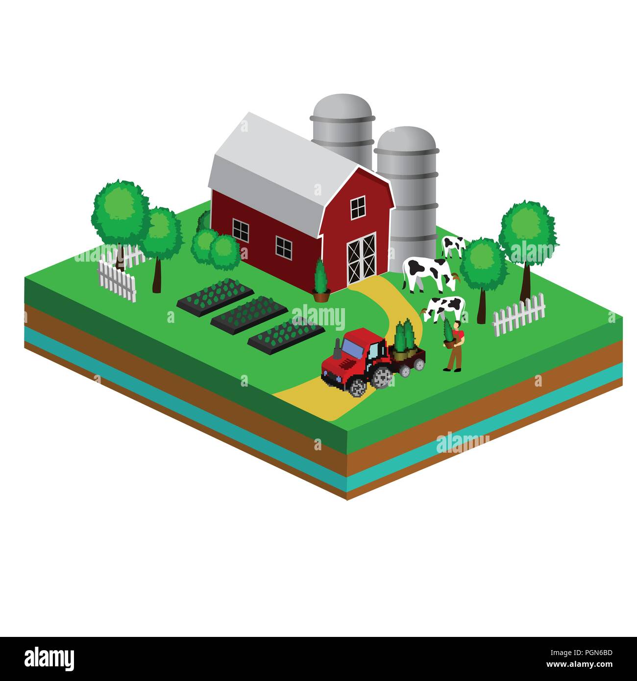 Isometric Red Barn And Trees cows vector illustration Stock Vector ...
