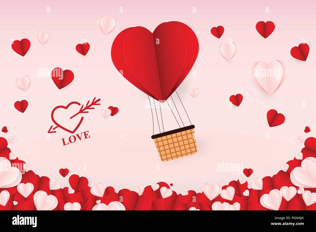 Love flying Heart Hot air Balloon vector Background illustration Stock ...