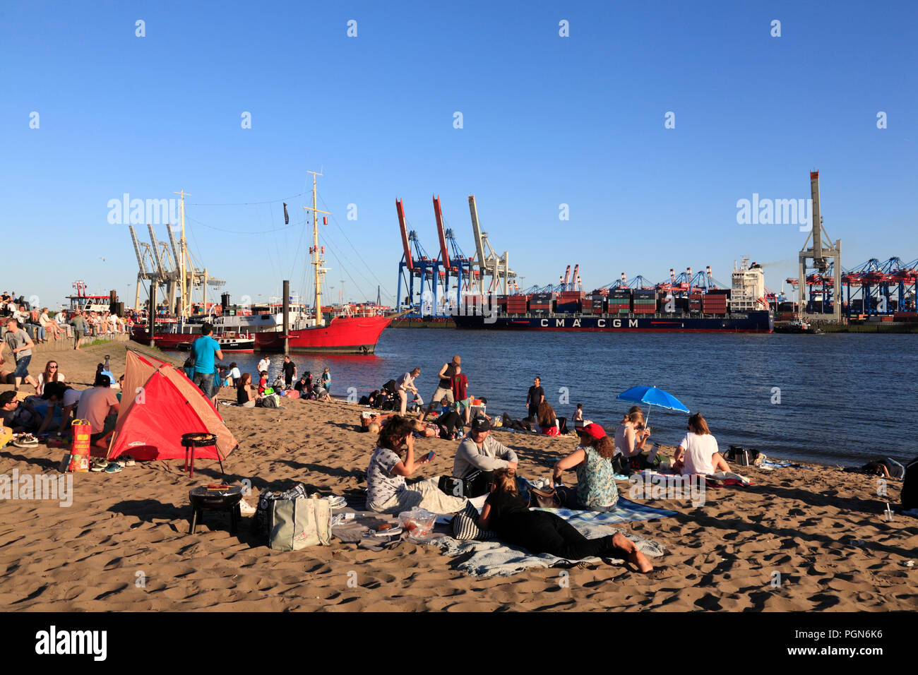 Elbe river beach near bar Strandperle in the late afternoon, Oevelgoenne, Hamburg, Germany, Europe Stock Photo