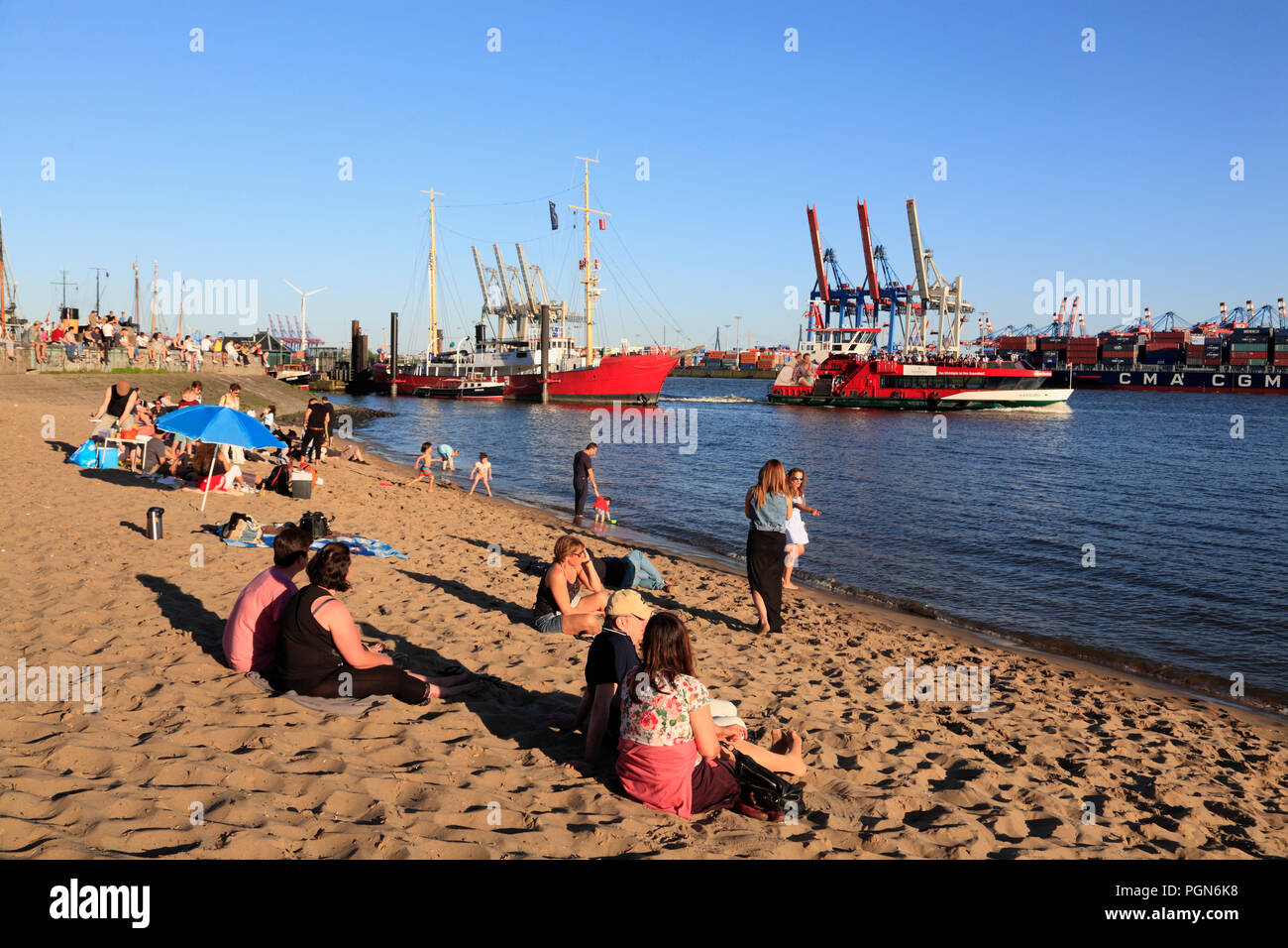 Elbe river beach near bar Strandperle in the late afternoon ...