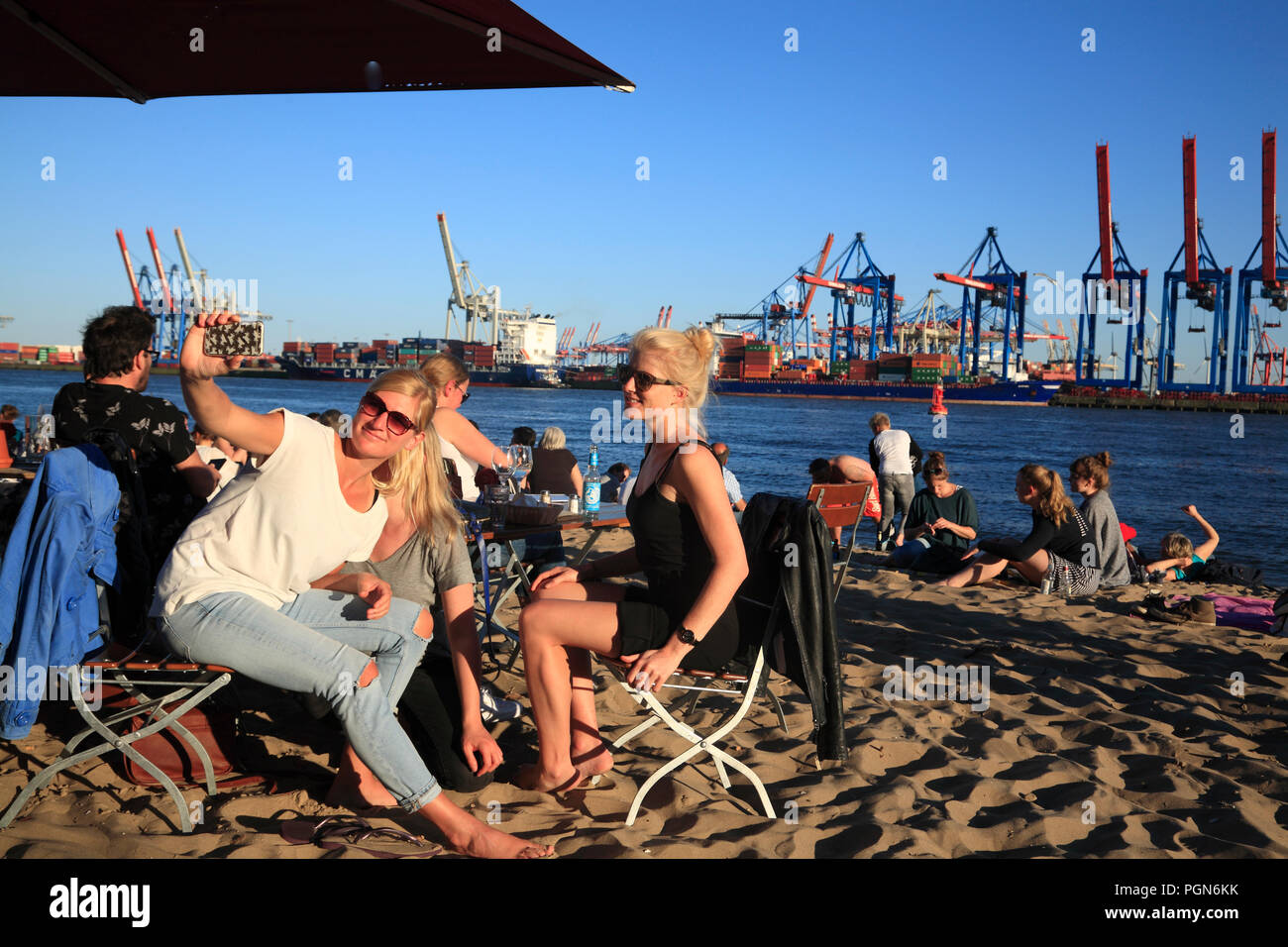 Bar STRANDPERLE on Elbe beach in the late afternoon, Oevelgoenne, Hamburg, Germany, Europe Stock Photo