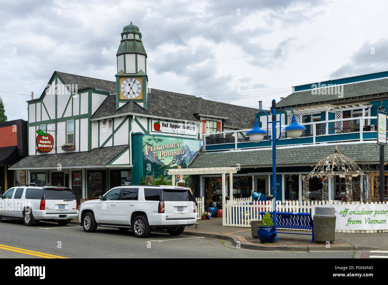 Main street of the city of Poulsbo with stores, Kitsap county, Washington state, USA. Stock Photo