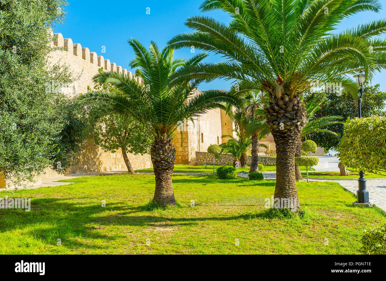 The greenery at the city walls is the main park zone of old Medina district, Sousse, Tunisia. Stock Photo