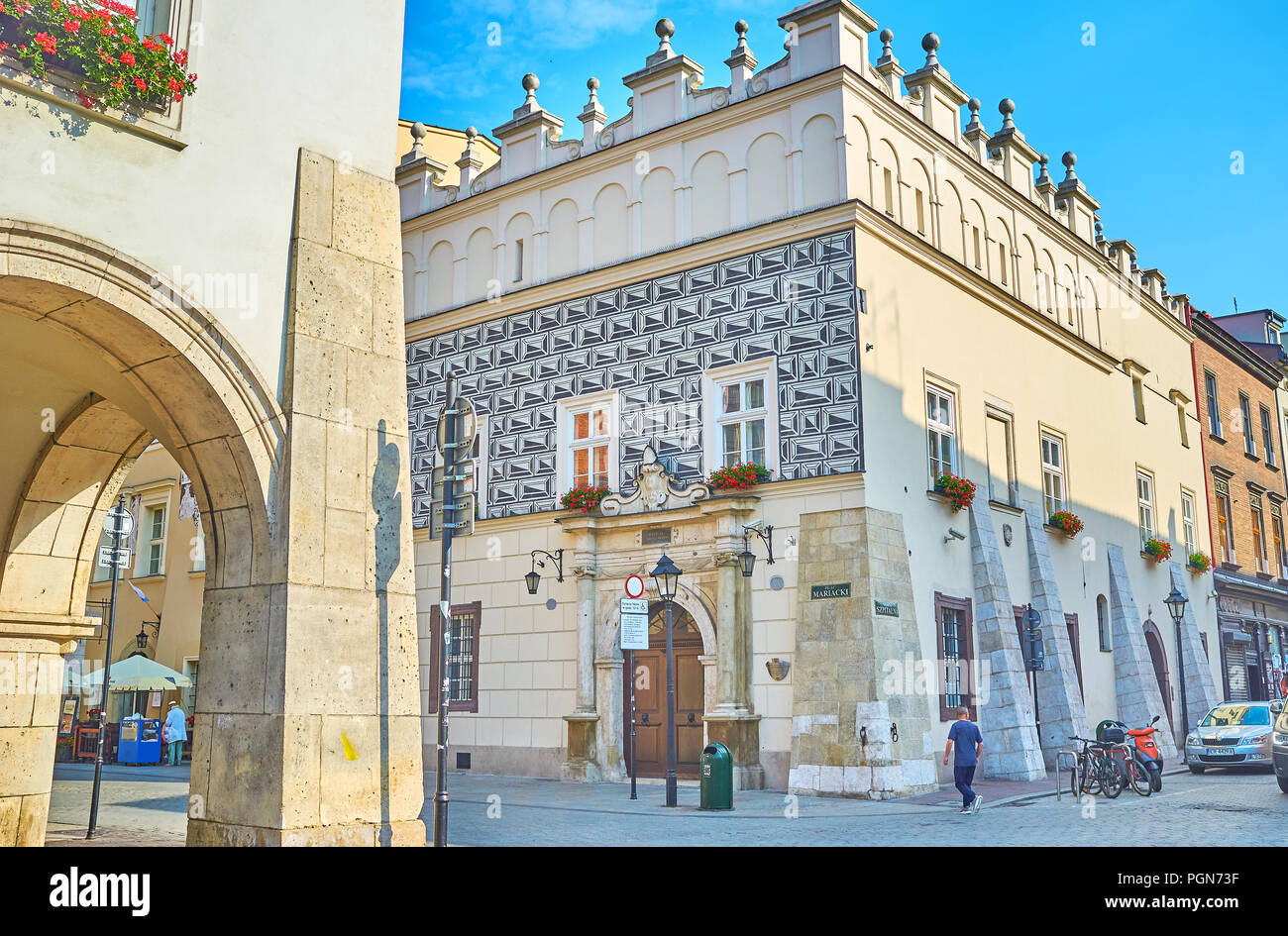 KRAKOW, POLAND - JUNE 11, 2018: Beautiful medieval edifice in old Krakow boasts buttresses on its walls, on June 11 in Krakow. Stock Photo