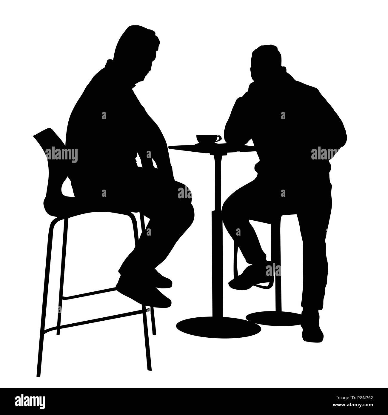 Two mans silhouette sitting at a table in the cafe, bar, restaurant or pub on white background, vector illustration Stock Vector