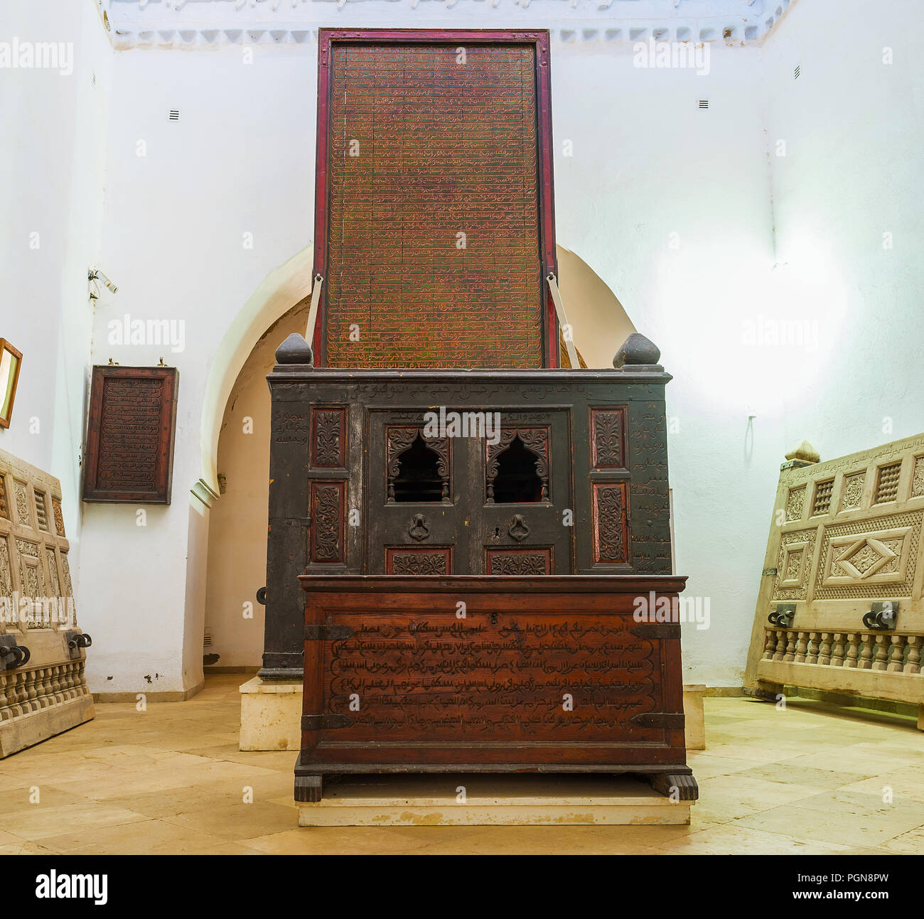 KAIROUAN, TUNISIA - AUGUST 30, 2015: The medieval wooden calligraphic panels in Zaouia of Sidi Amor Abbada, on August 30 in Kairouan. Stock Photo