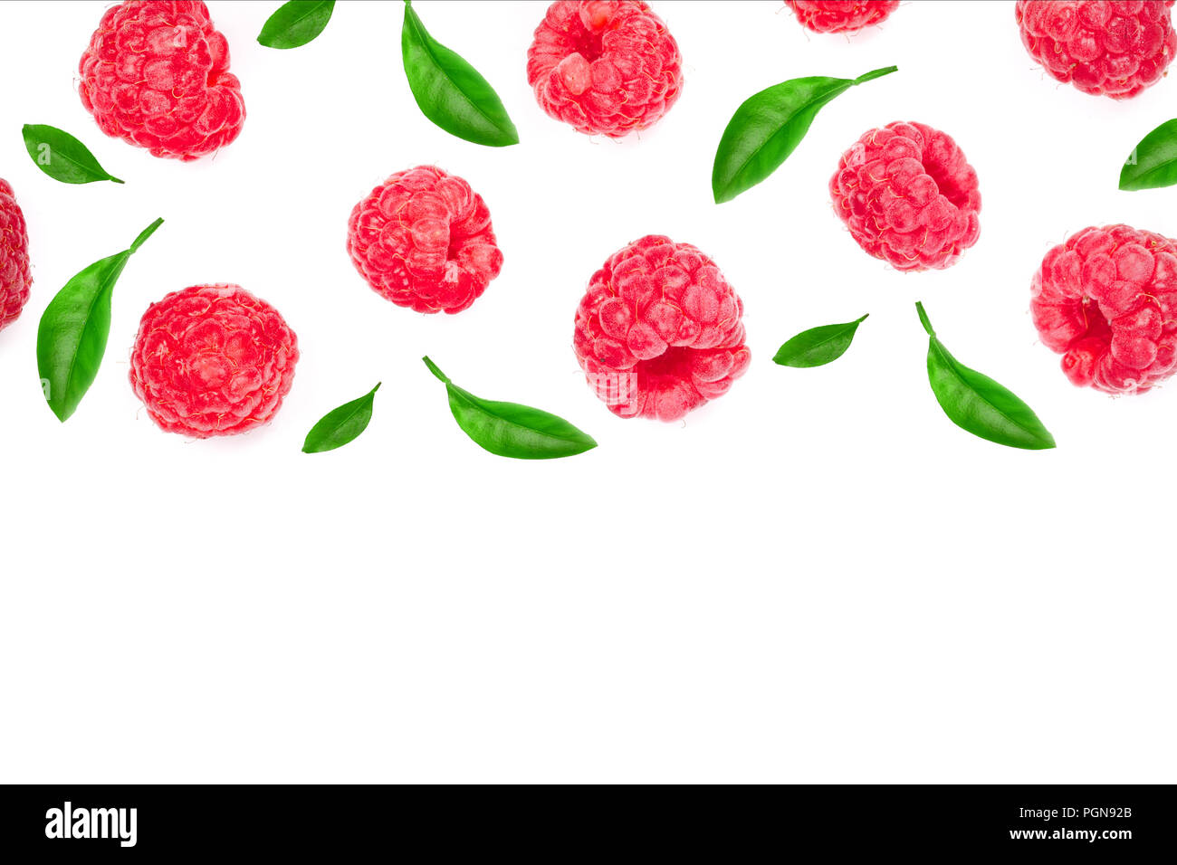Raspberry Flat Lay raspberries with leaves isolated on white background with copy space ...