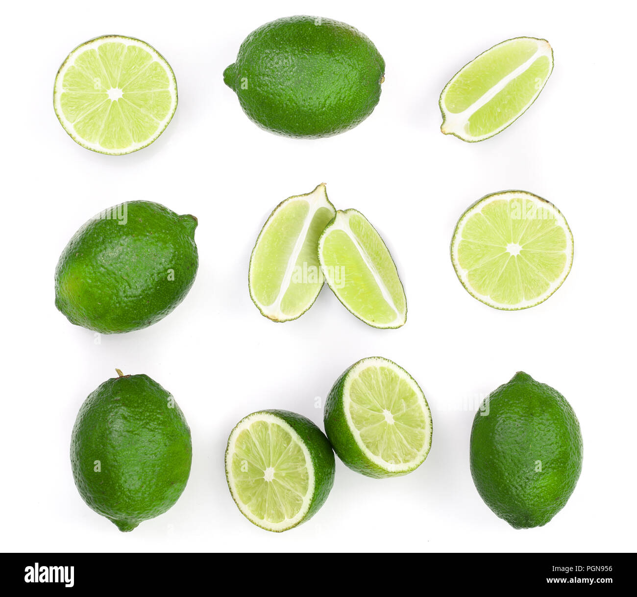 sliced lime isolated on white background. Top view. Flat lay. Set or collection Stock Photo