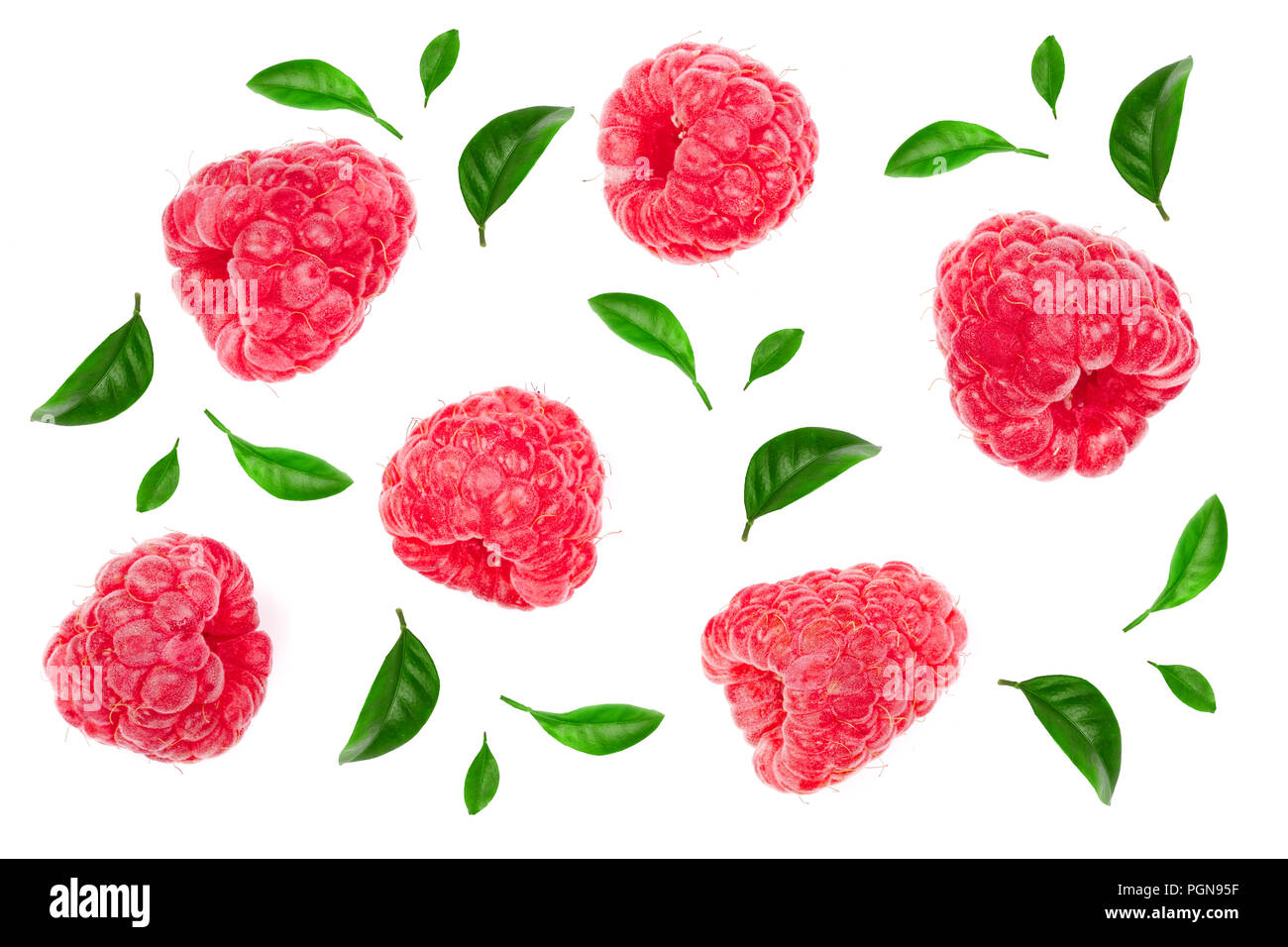 Raspberry Flat Lay raspberries with leaves isolated on white background. Top view. Flat ...