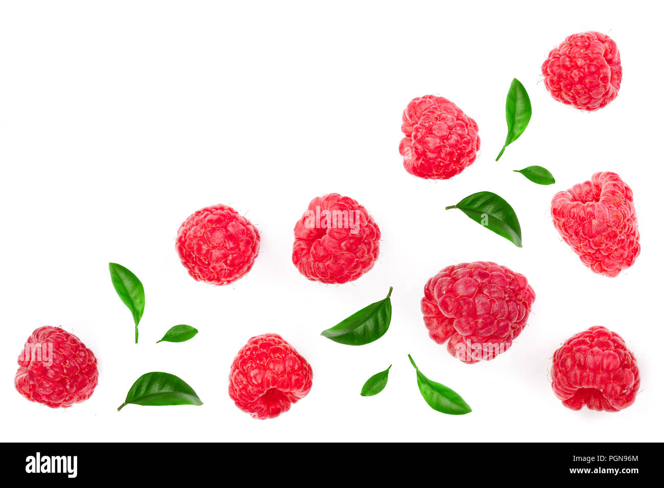 Raspberry Flat Lay raspberries with leaves isolated on white background with copy space ...