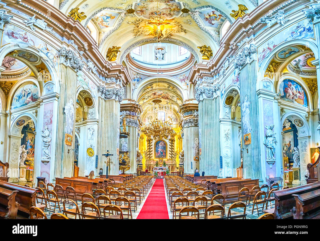 KRAKOW, POLAND - JUNE 11, 2018: Panoramic view on beautifully decorated prayer hall of St Anna Church, on June 11 in Krakow.2 Stock Photo