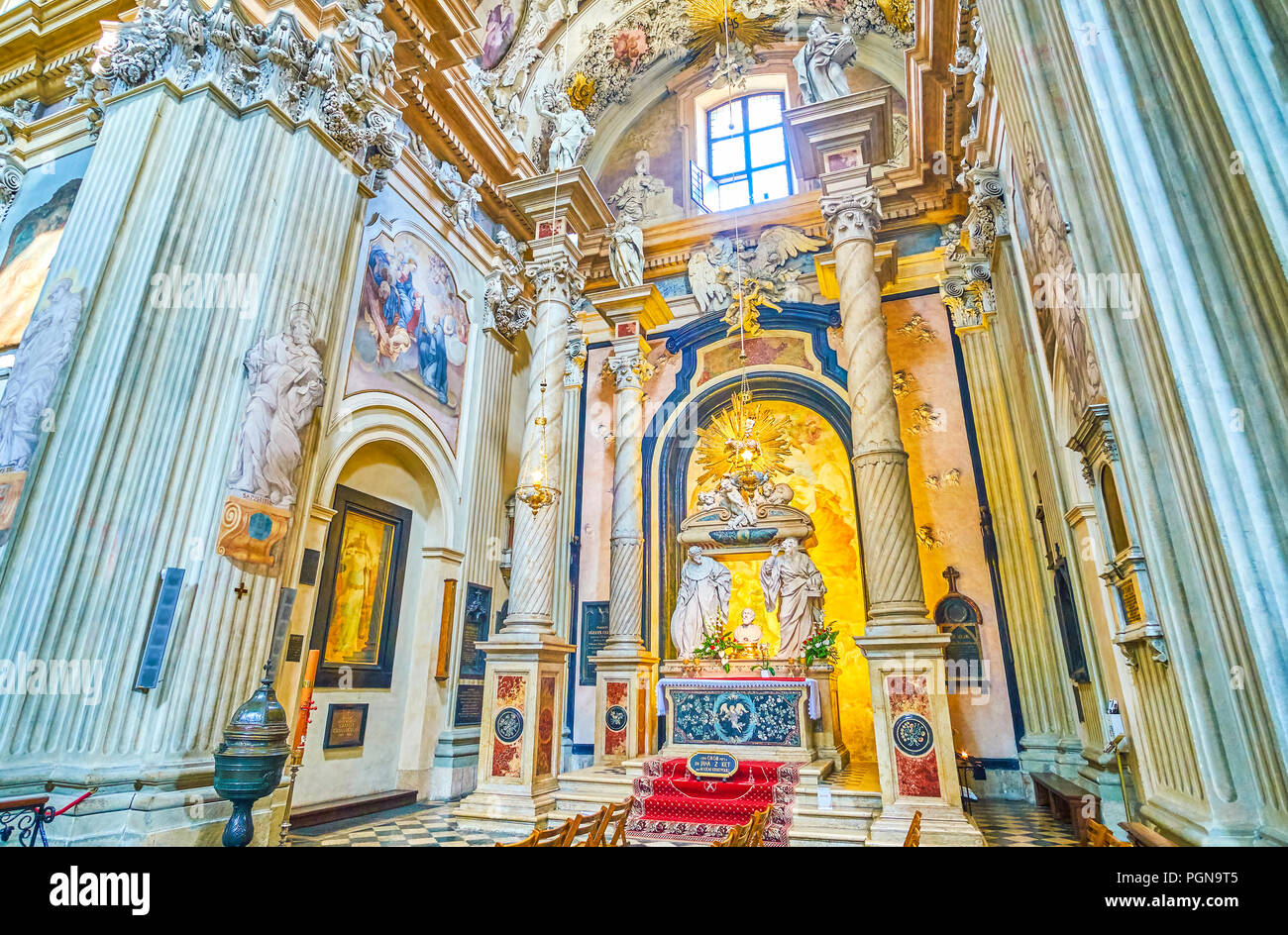 KRAKOW, POLAND - JUNE 11, 2018: The small chapel inside St Anna Church dedicated to Saint John Cantius, decorated with sculptures and carved plaster,  Stock Photo