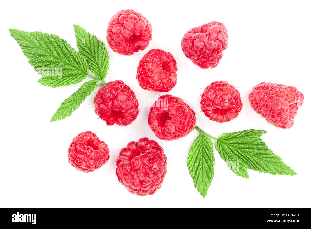 Raspberry Flat Lay raspberries with leaves isolated on white background. Top view. Flat ...