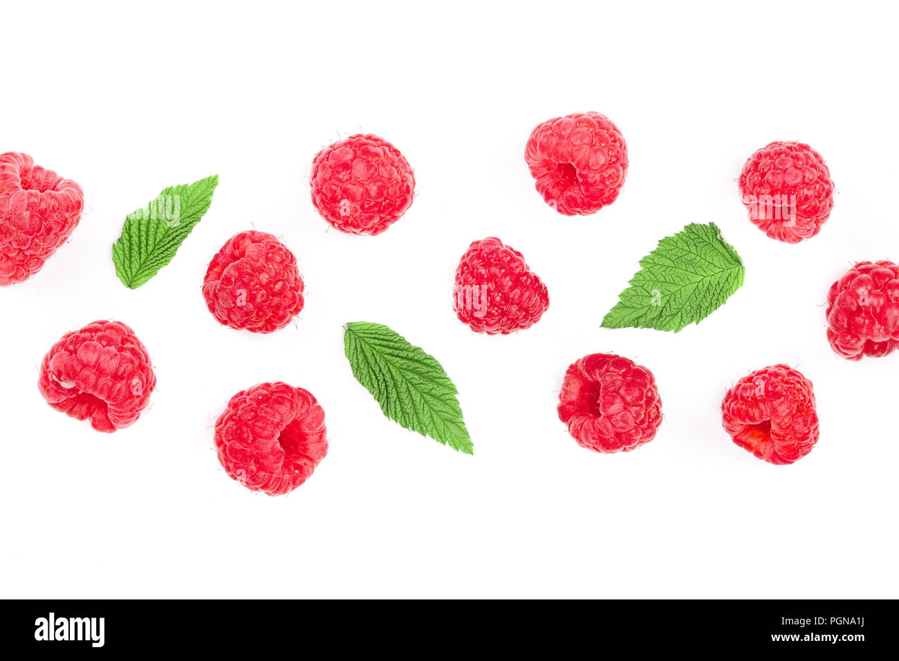 Raspberry Flat Lay raspberries with leaves isolated on white background with copy space ...
