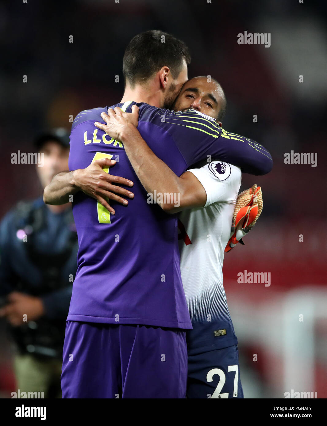 Tottenham Hotspur goalkeeper Hugo Lloris and Tottenham Hotspur's Lucas  Moura (right) celebrate after the Premier League match at Old Trafford,  Manchester Stock Photo - Alamy