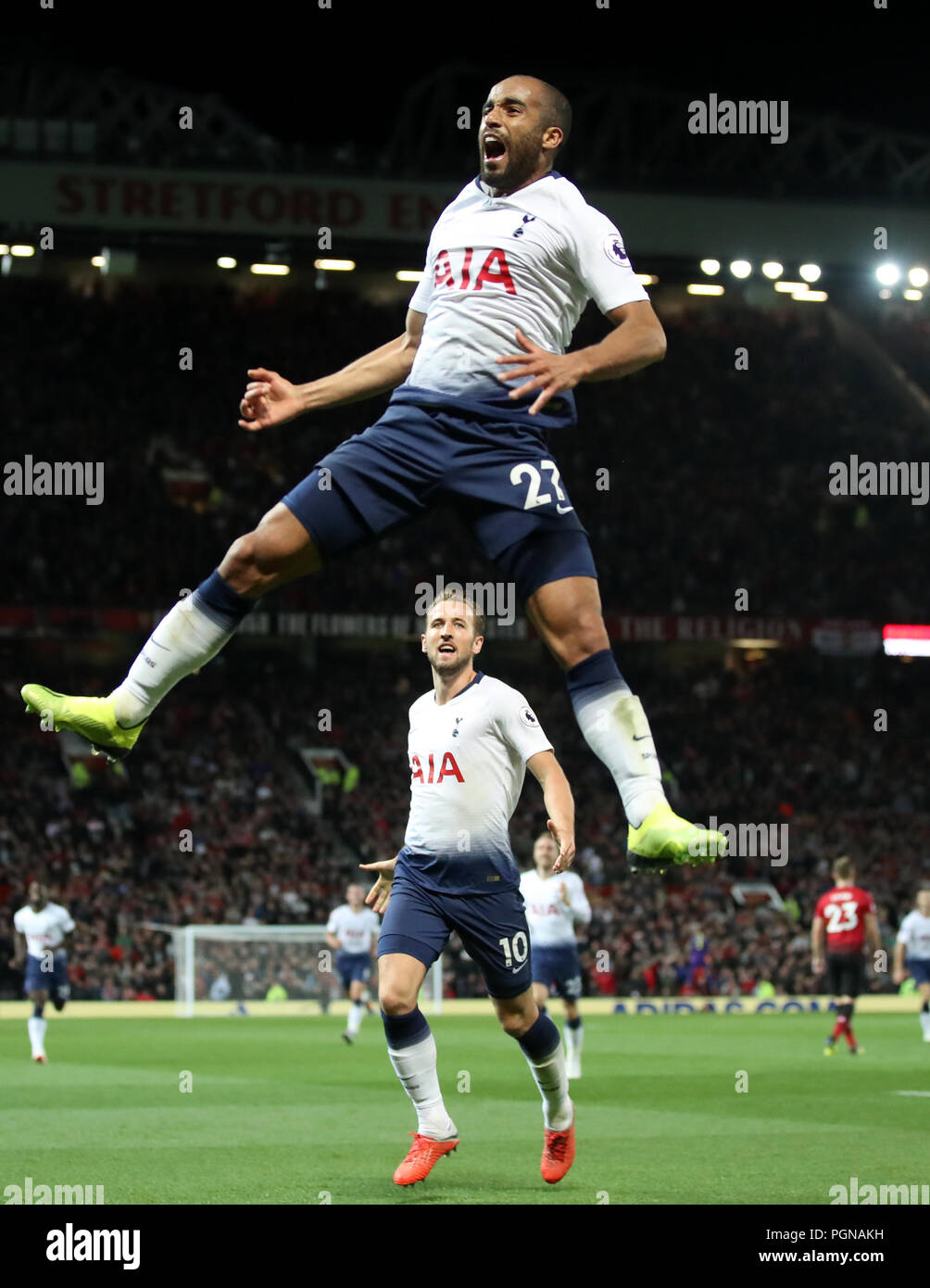 Tottenham Hotspur's Lucas Moura celebrates scoring his side's third goal of the game during the Premier League match at Old Trafford, Manchester. Stock Photo