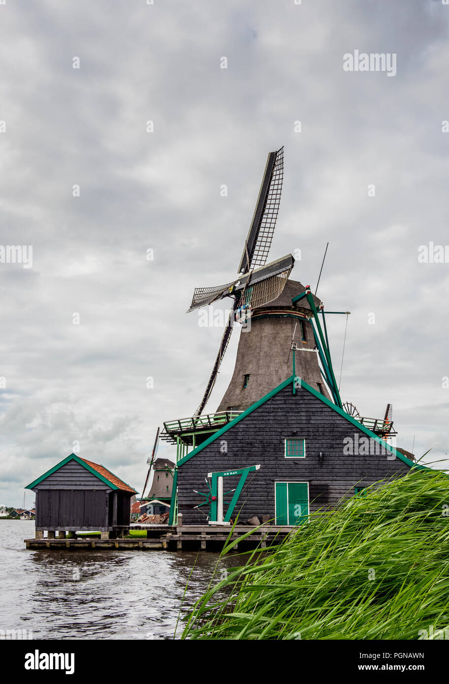 Windmills in Zaanse Schans, Zaandam, North Holland, The Netherlands Stock Photo