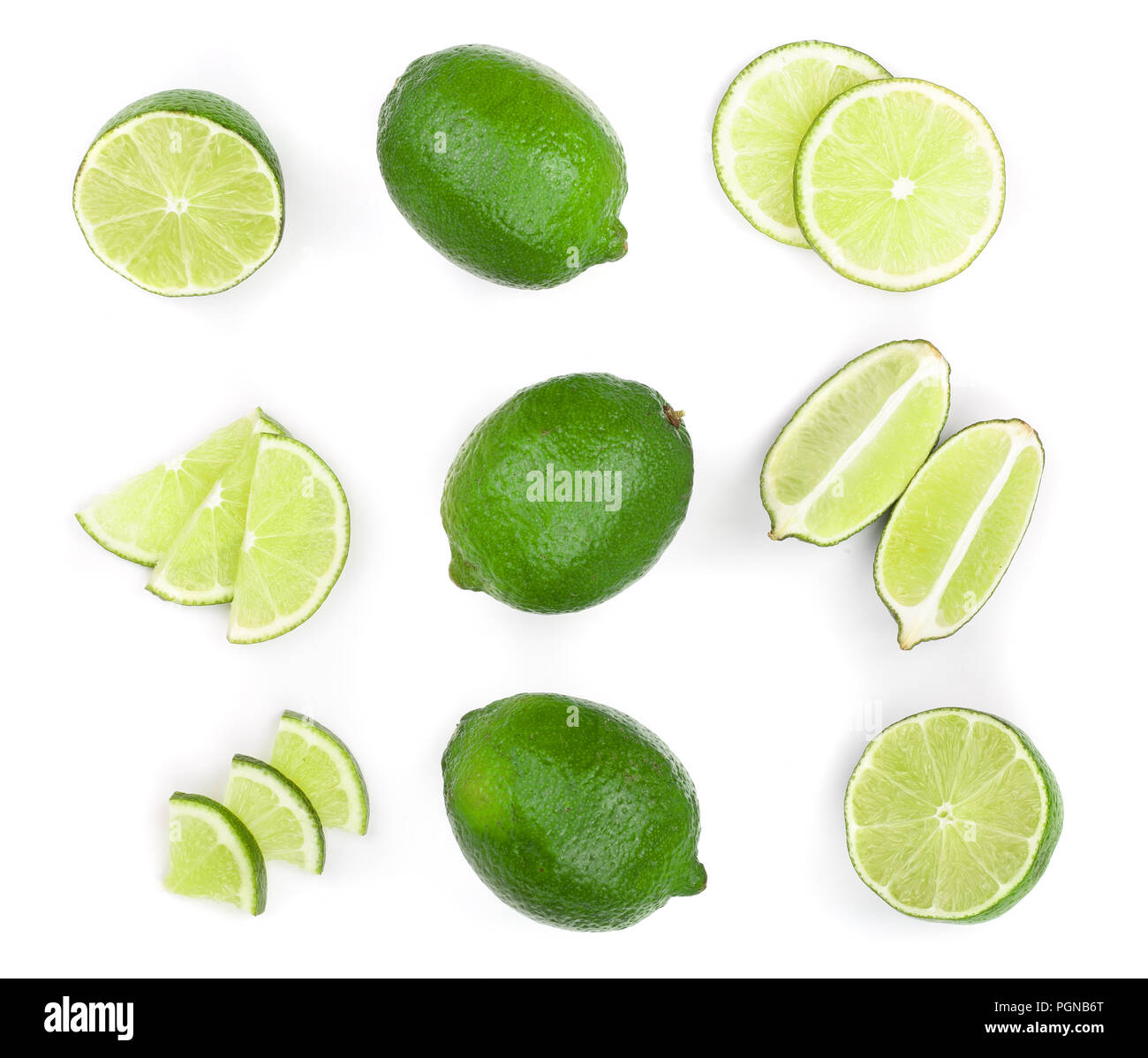 sliced lime isolated on white background. Top view. Flat lay. Set or collection Stock Photo