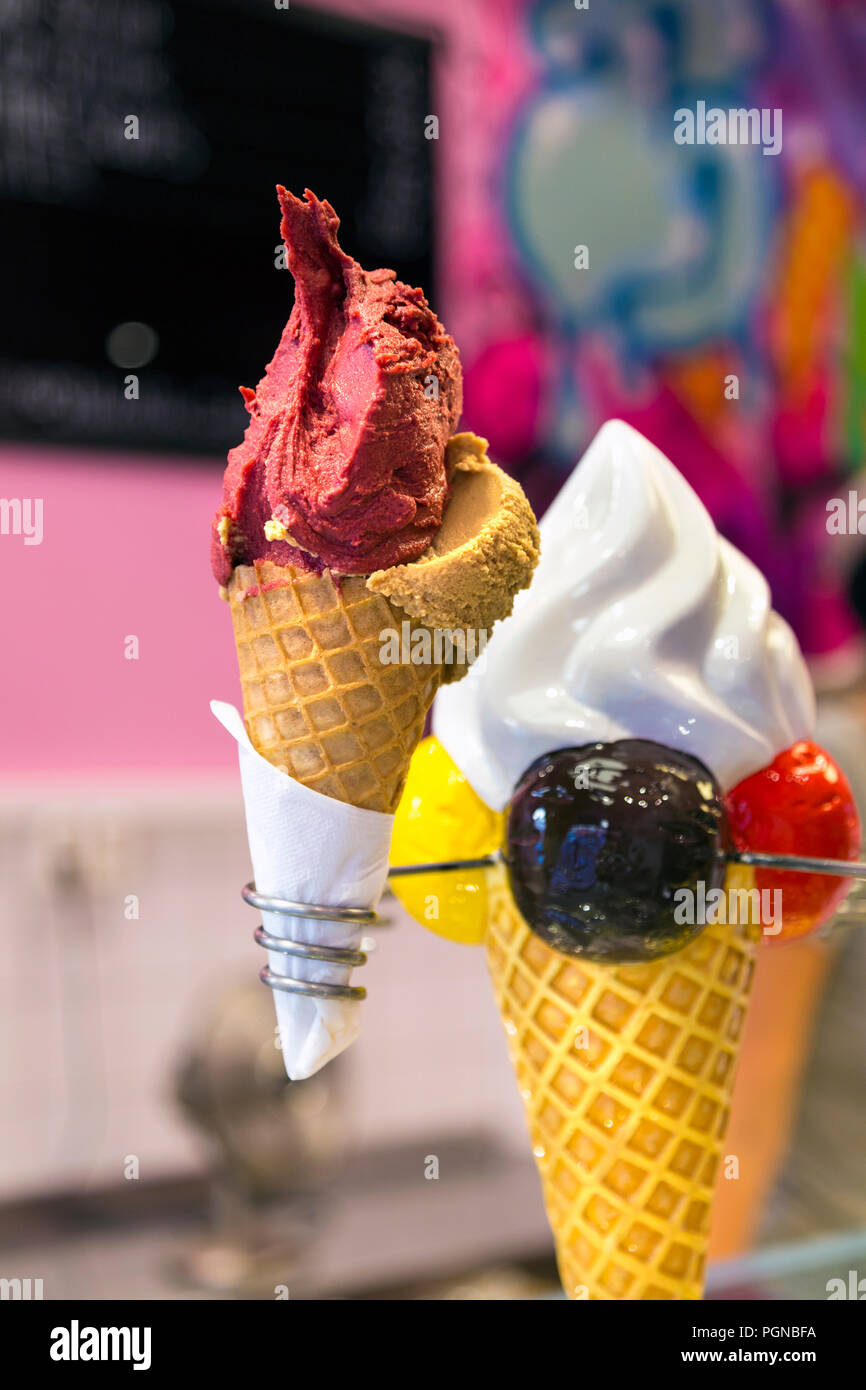 Two scoops in a cone, ice cream, gelato in a holder (StikkiNikki, Stockholm) Stock Photo
