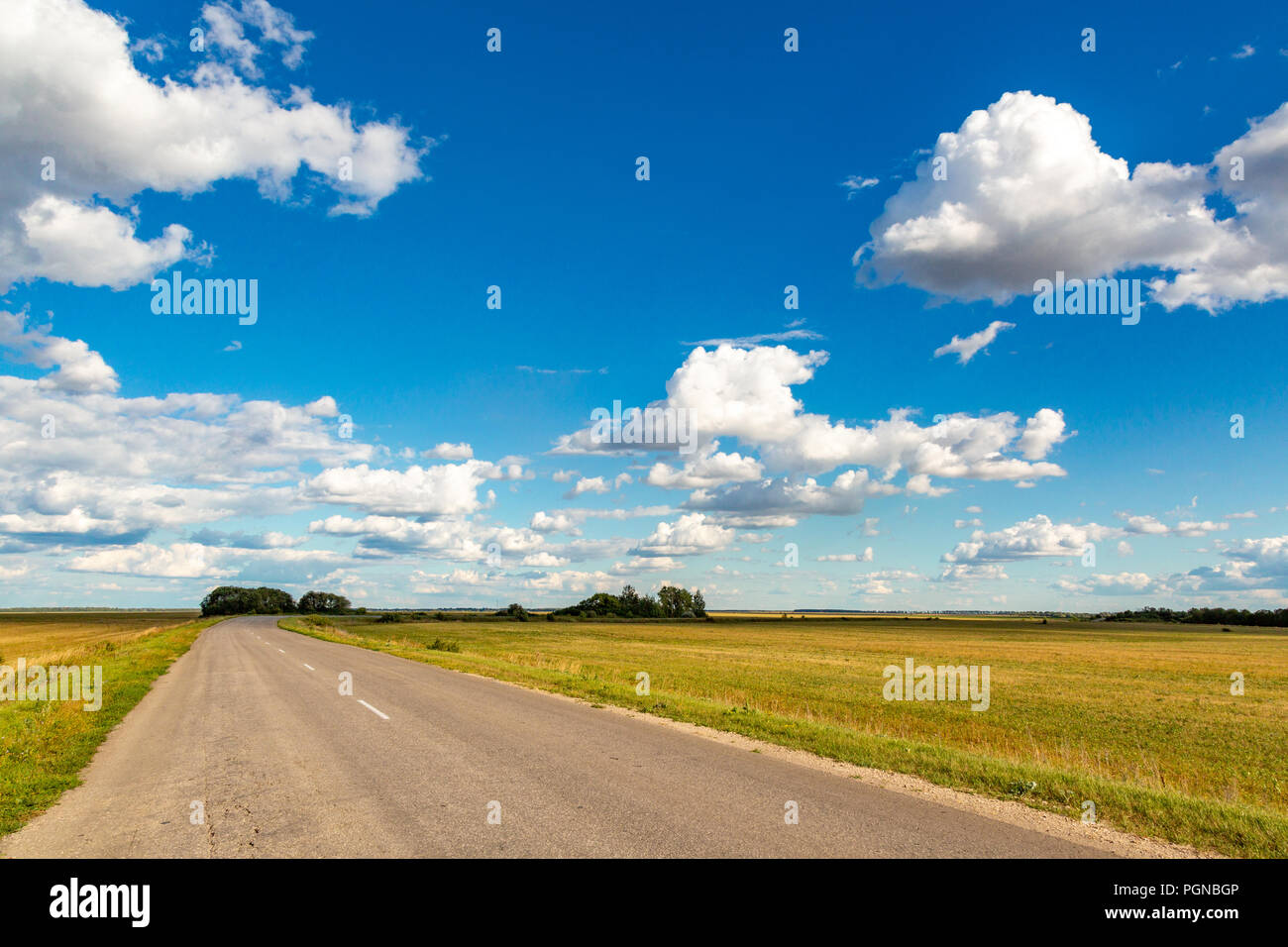 asphalt road through the green field and clouds on blue sky in summer ...