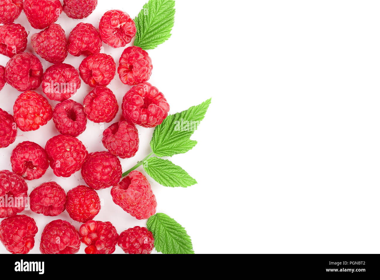 Raspberry Flat Lay raspberries with leaves isolated on white background with copy space ...