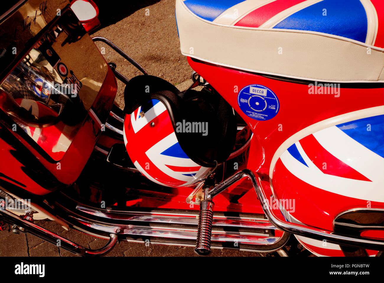 Brighton, United Kingdom August 25, 2018 Side detail of Mod culture scooter with union jack
