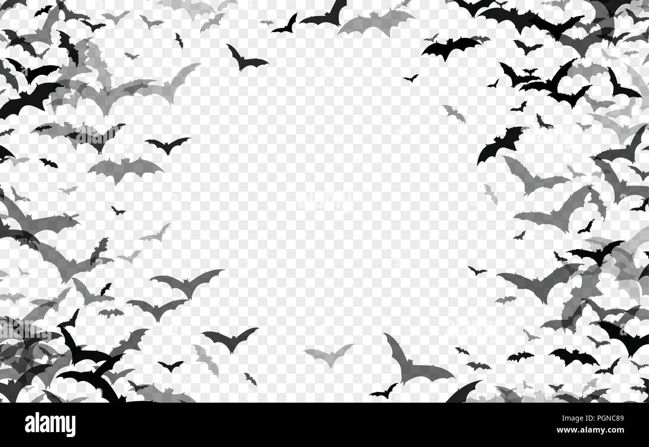 Black silhouette of bats isolated on transparent background. Halloween traditional design element. Vector illustration Stock Vector