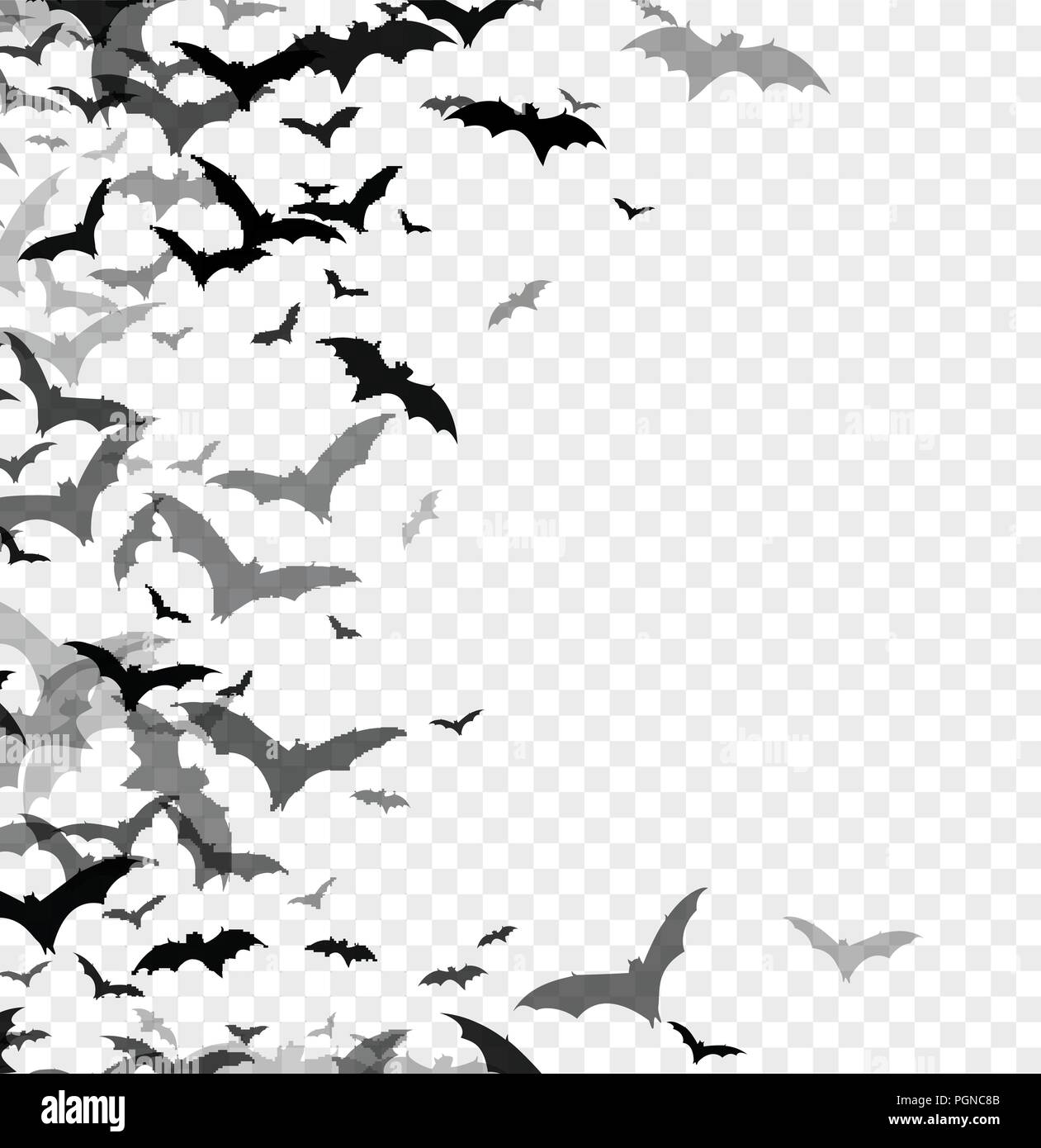 Black silhouette of bats isolated on transparent background. Halloween traditional design element. Vector illustration Stock Vector