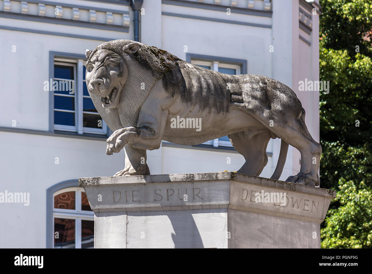 Lion sculpture by sculptor Peter Lenk, symbol of city founder Heinrich the Lion, Schwerin, Mecklenburg-Western Pomerania Stock Photo
