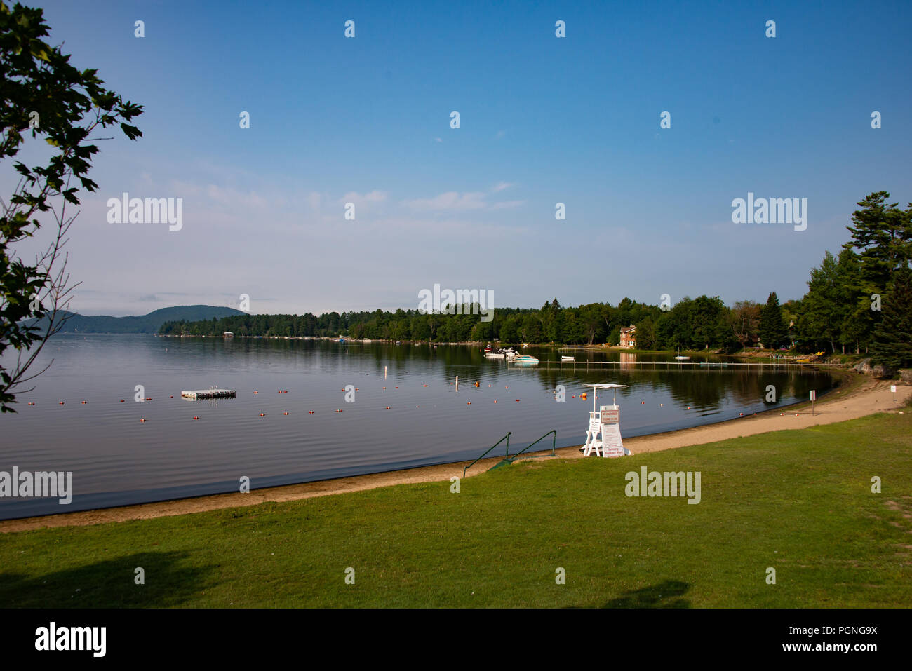 The public swimming beach on Lake Pleasant in Speculator, NY USA in the Adirondack Mountains