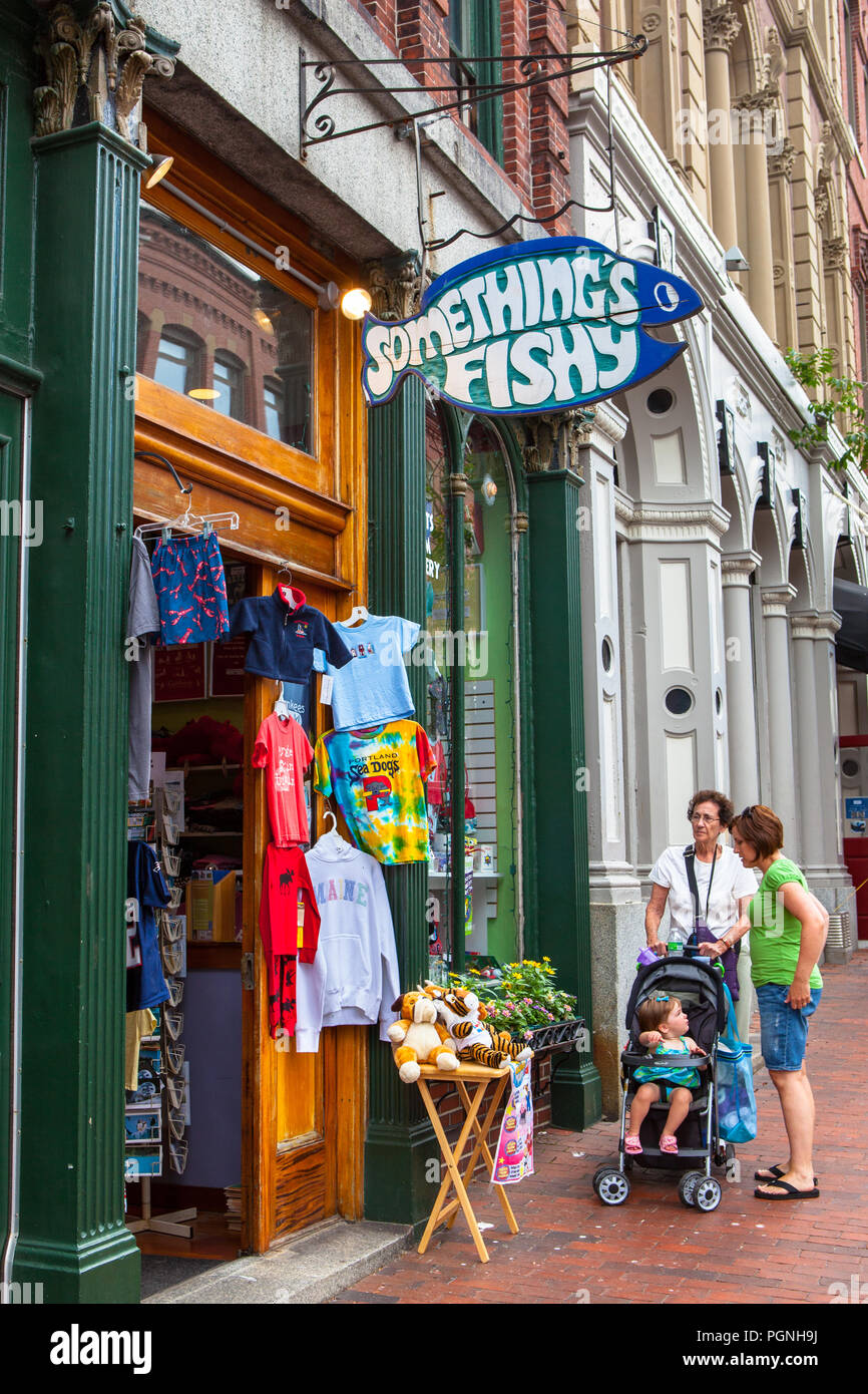 Stores and people in Portland, Maine Stock Photo