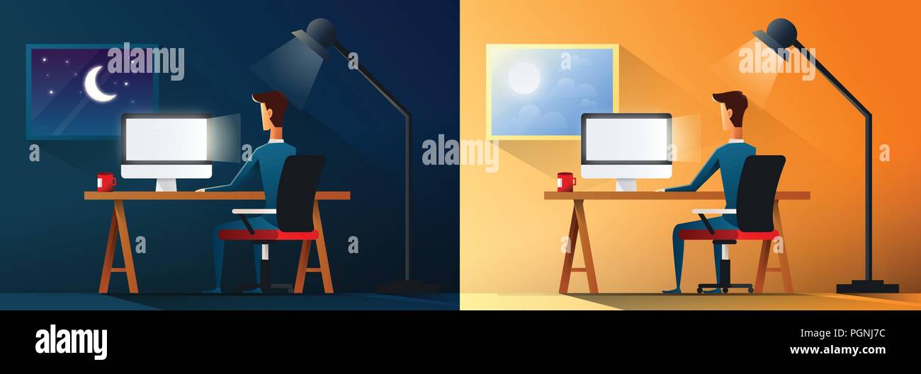 Daily life of tired businessman or designer at work. Exhausted office worker on his desk working day and night time Stock Vector