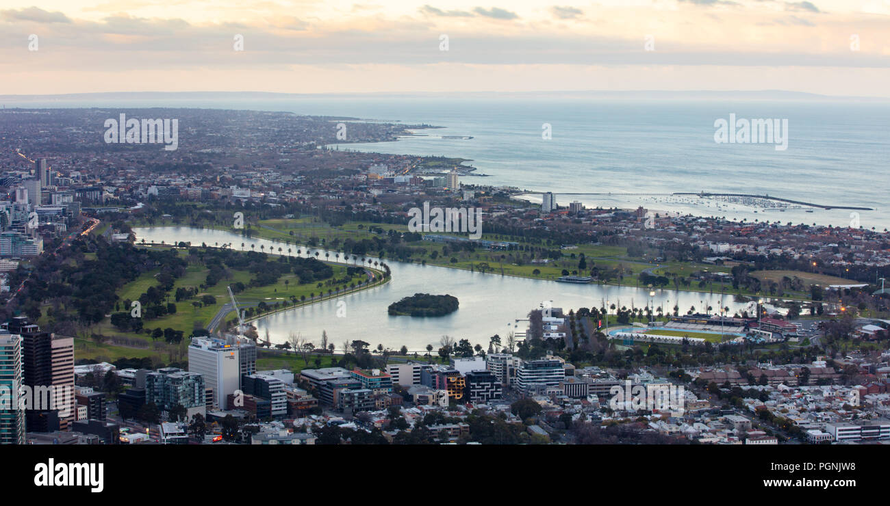 View at sunrise  over Melbourne's Albert Park precinct in Victoria, Australia Stock Photo