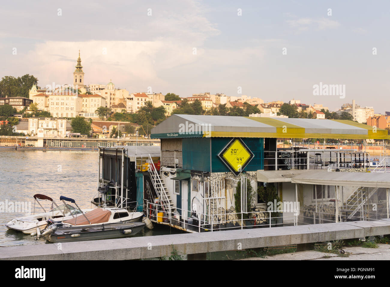 Belgrade boat club 20/44 on the Sava River with a view of the Old Town. Serbia. Stock Photo