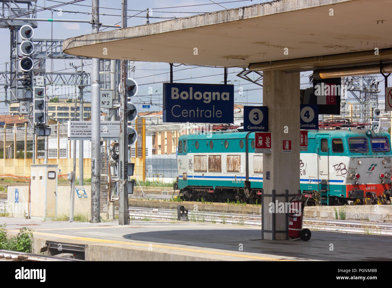 Bologna, Italy - August 3 2018: 'Bologna Centrale' (Bologna Central) sign on train station platform Stock Photo