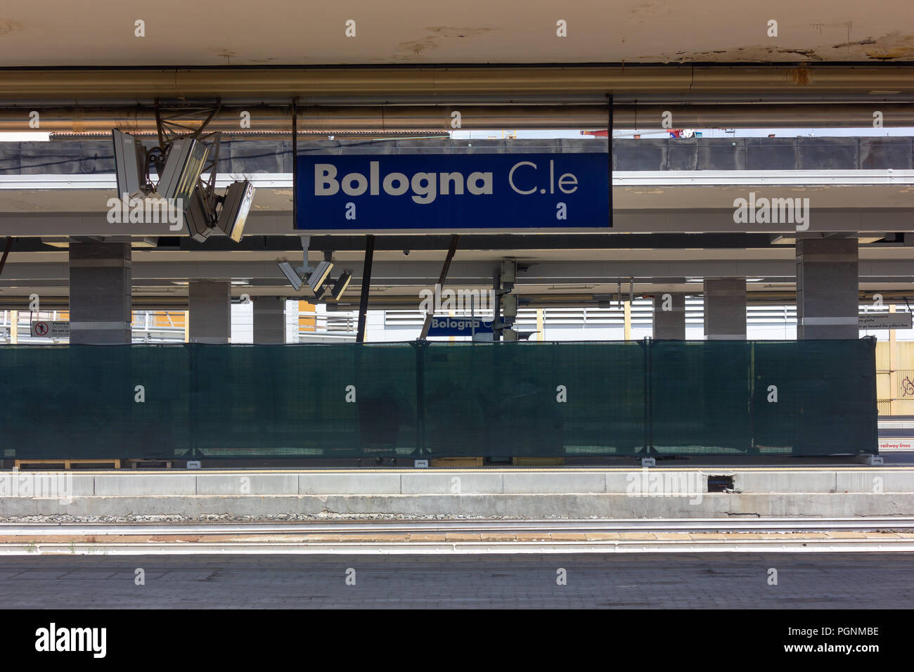 Bologna, Italy - August 3 2018: 'Bologna Centrale' (Bologna Central) sign on train station platform Stock Photo