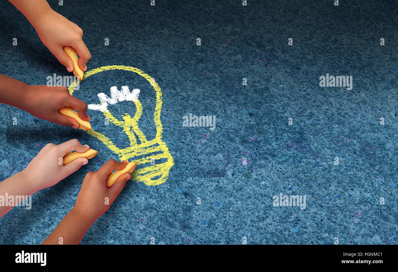 Community solutions and education diversity concept as a group of diverse children hands holding chalk drawing a lightbulb icon as a symbol. Stock Photo