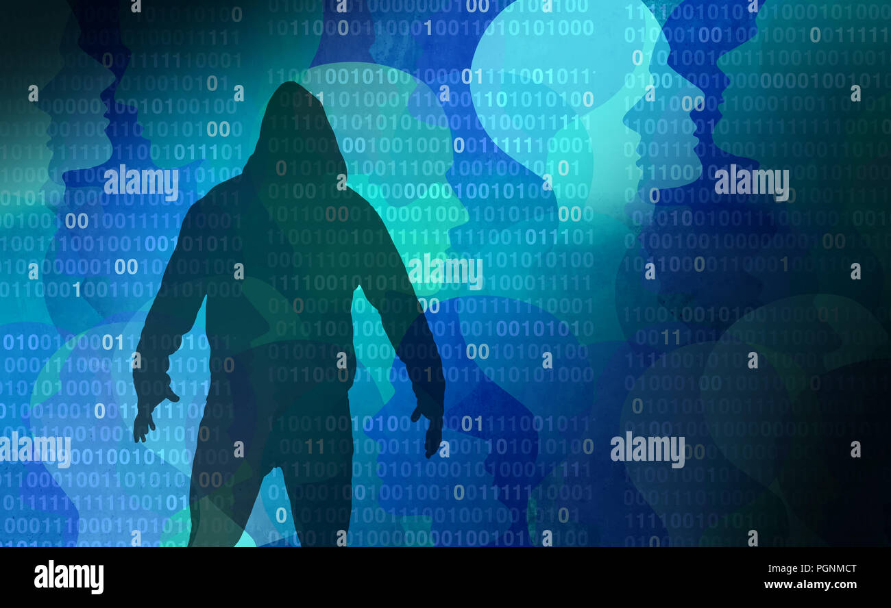 Private data hacker as an abstract personal information security technology as a social media and public profile and illicit sharing. Stock Photo