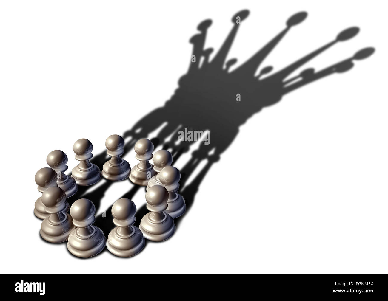 Concept of business leadership as a group of chess pawn pieces gathering together as a team to lead and form a king piece as a 3D illustration. Stock Photo