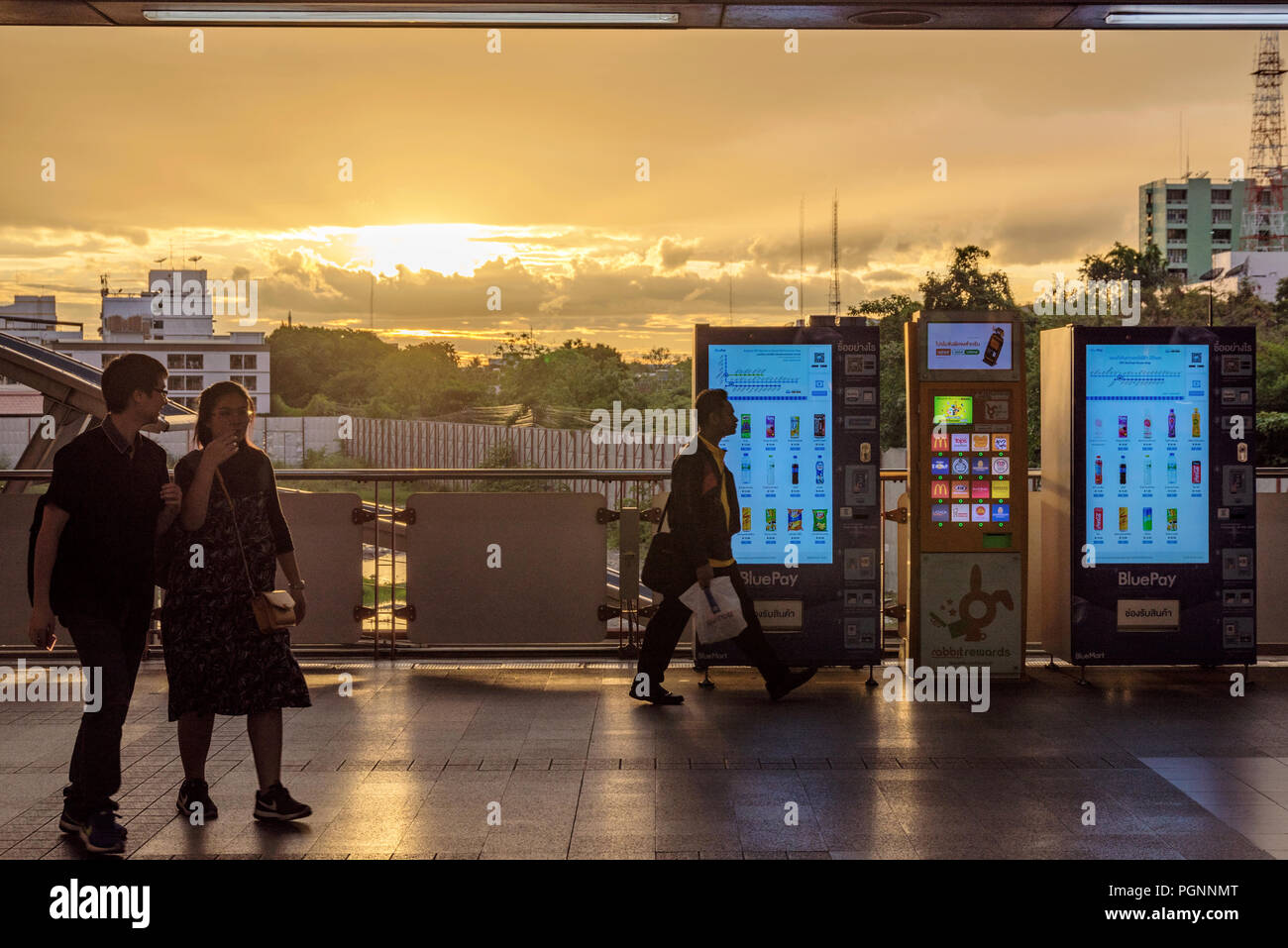 BANGKOK, THAILAND - JULY 03: This is Phaya Thai BTS station with people walking through during sunset on July 03, 2018 in Bangkok Stock Photo