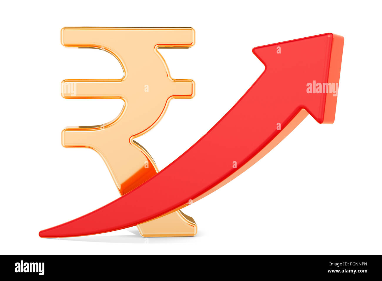 Rupee symbol with red arrow up, 3D rendering isolated on white ...