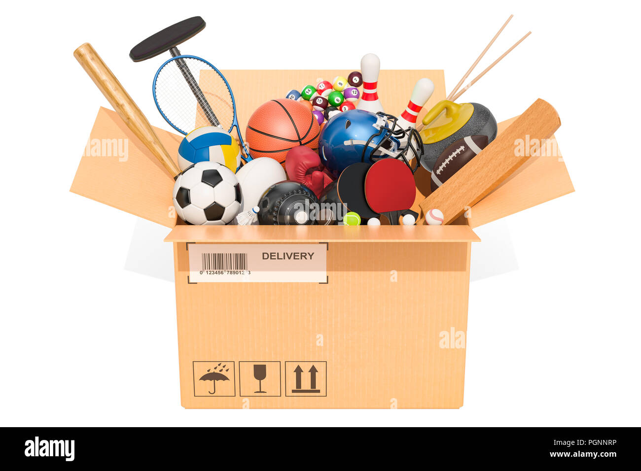 Sports game equipment inside cardboard box, delivery concept. 3D rendering isolated on white background Stock Photo