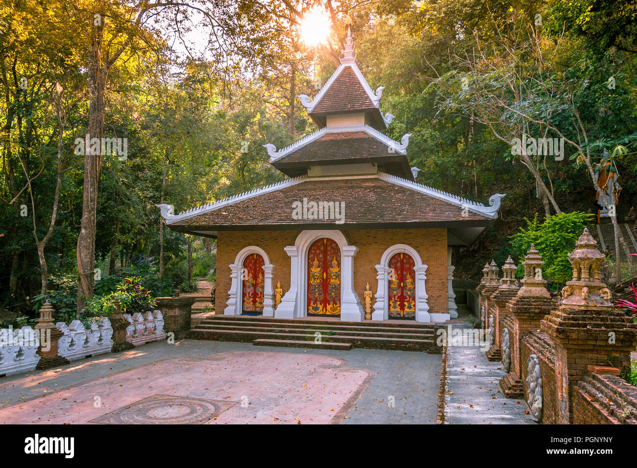 Gathering place for monks outside of a temple building at Wat Pha Lat. Stock Photo