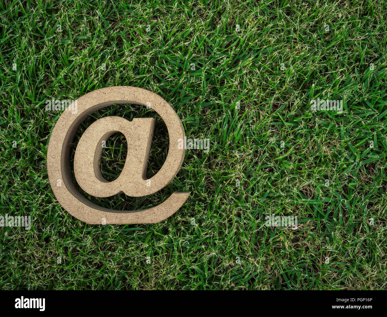 Wooden E-mail address symbol on green grass background with copy space ...